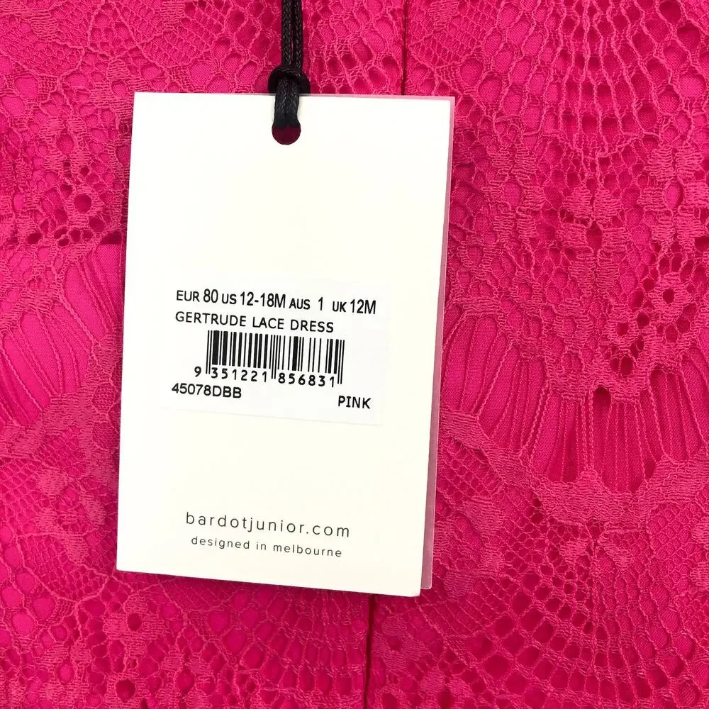 BARDOT Baby Girl Gertrude Lace Dress 12-18 Months Pink Long Sleeve NWT